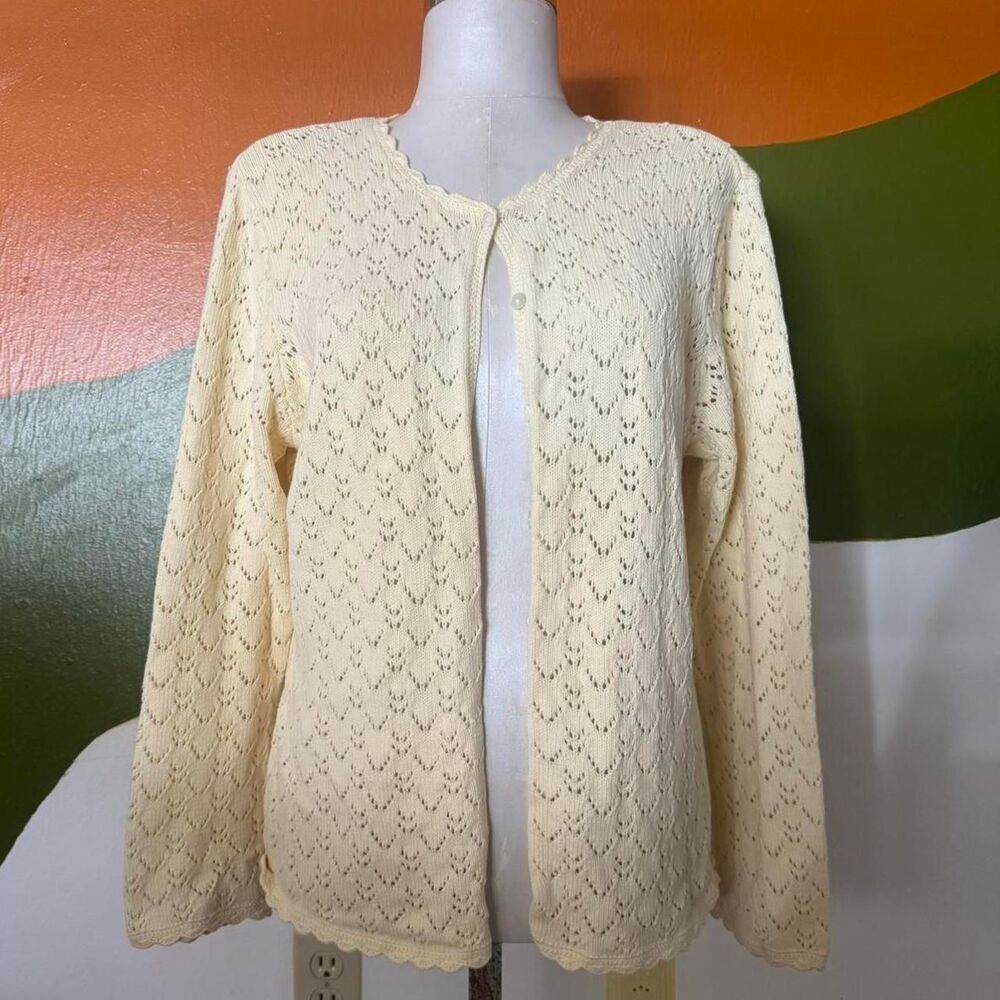 1990s Eddie Bauer Butter Yellow Crochet Knit grandma Cottage Cardigan Sz XL